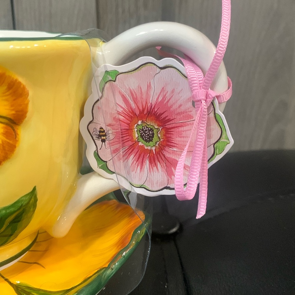 Blue Sky Clayworks Yellow Poppy Teacup, Saucer & Spoon Set Heather Goldminc - Picture 2 of 10